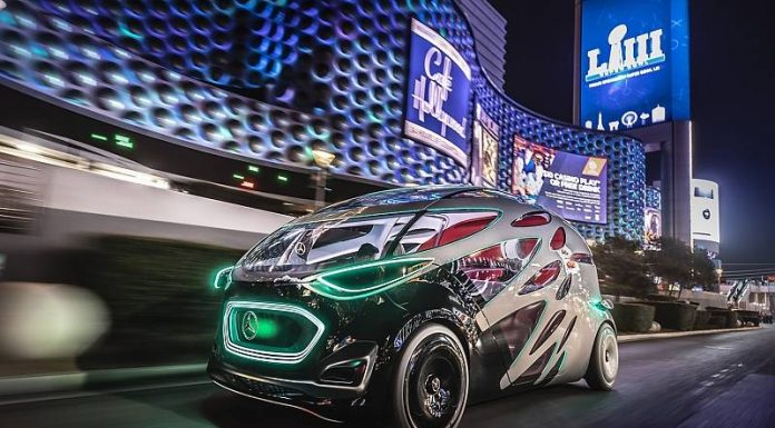 Mercedes Taxi without a taxi driver at night on the Las Vegas Strip