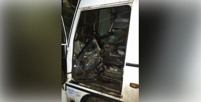 Six people were injured in crash of bus and truck in a Conspicuous