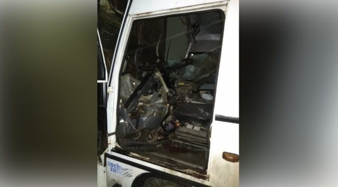Six people were injured in crash of bus and truck in a Conspicuous